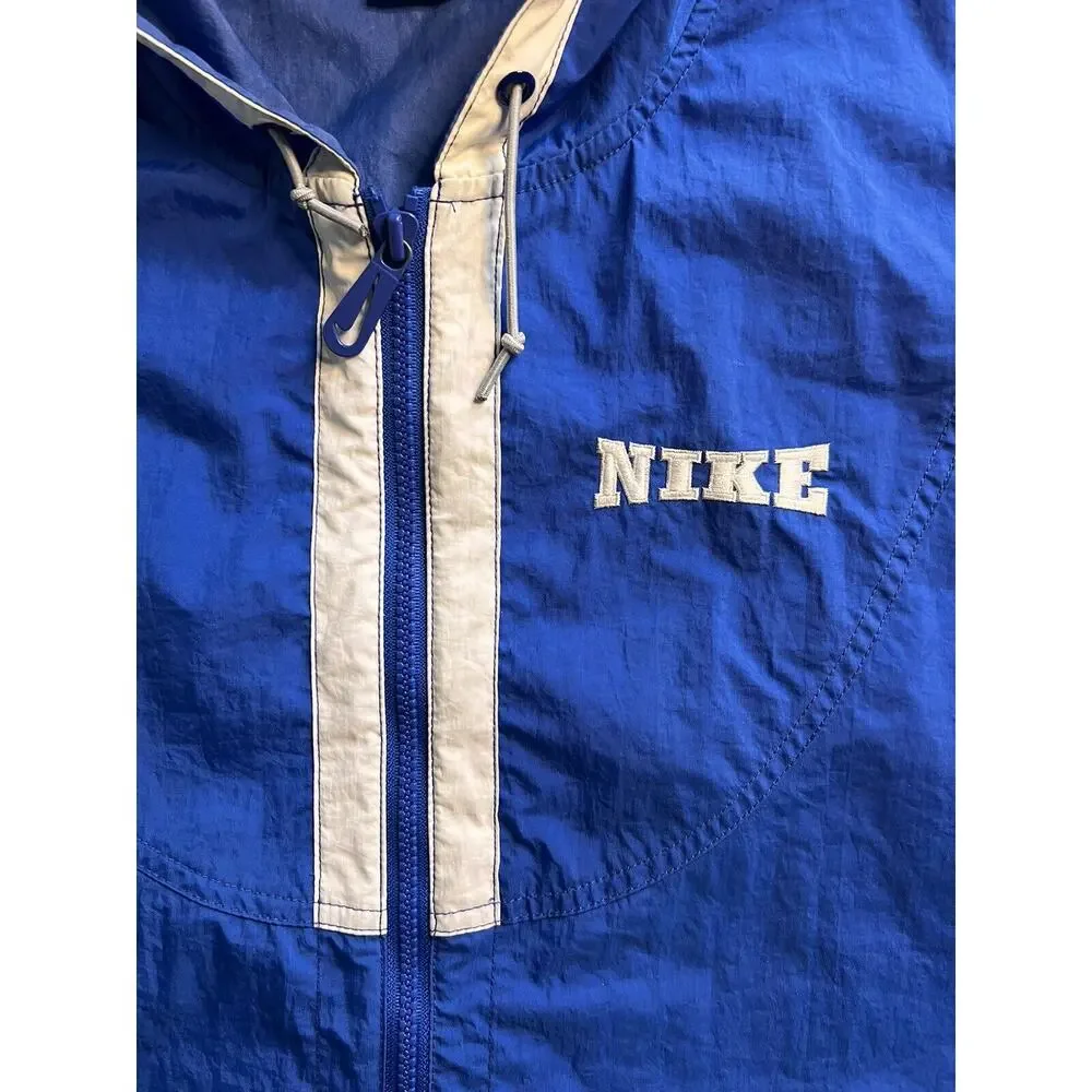 Vintage Nike Big Swoosh Windbreaker Full Zip Jacket Blue White MEDIUM Hood